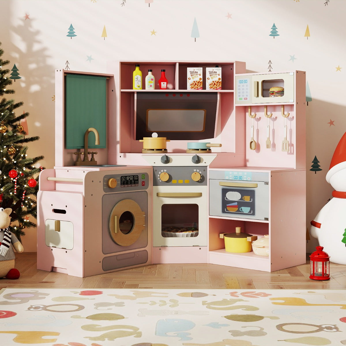 Cucina ad angolo con luci e suoni set di gioco in legno pattumiera estraibile, Cucina angolo lavatrice e accessori ricchi Rosa-Cucine giocattoli