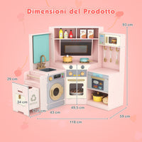 Cucina ad angolo con luci e suoni set di gioco in legno pattumiera estraibile, Cucina angolo lavatrice e accessori ricchi Rosa-Cucine giocattoli
