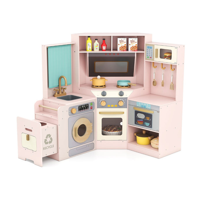 Cucina ad angolo con luci e suoni set di gioco in legno pattumiera estraibile, Cucina angolo lavatrice e accessori ricchi Rosa-Cucine giocattoli