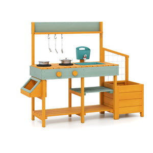 Cucina da esterno in legno per bambini 3-8 anni con accessori realistici, Cucina da gioco con cassettiera per piante Giallo-Cucine giocattoli