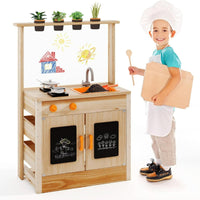 Cucina da giardino in legno con vasi da giardinaggio, Giocattolo con pentole e fornelli per bambini di 3+ anni Naturale-Cucine giocattoli