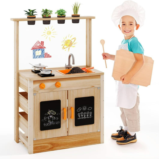Cucina da giardino in legno con vasi da giardinaggio, Giocattolo con pentole e fornelli per bambini di 3+ anni Naturale-Cucine giocattoli