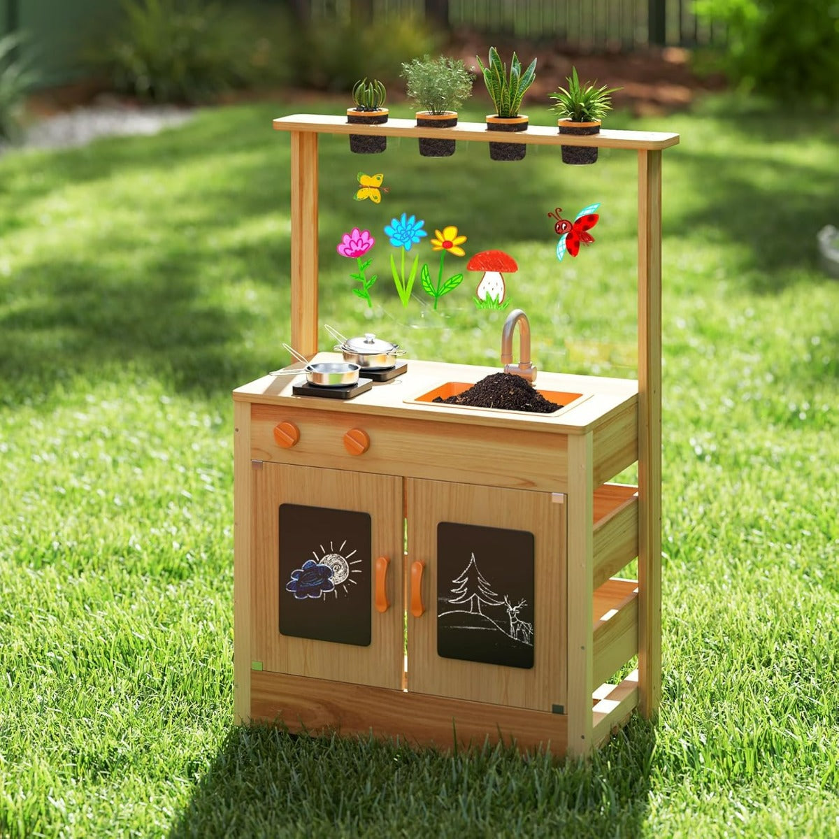 Cucina da giardino in legno con vasi da giardinaggio, Giocattolo con pentole e fornelli per bambini di 3+ anni Naturale-Cucine giocattoli