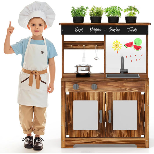 Cucina da giardino in legno di abete con 4 vasi da piante, Set da cucina giocattolo con lavandino e fornello per bambini Marrone-Cucine giocattoli