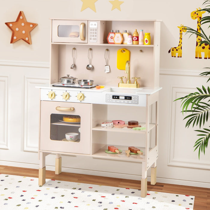 Cucina da gioco regolabile in altezza set legno con luci e suoni reali, Cucina da gioco set giocattolo per bambini 3+ anni  terroso-Cucine giocattoli