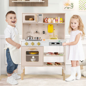 Cucina da gioco regolabile in altezza set legno con luci e suoni reali, Cucina da gioco set giocattolo per bambini 3+ anni  terroso-Cucine giocattoli