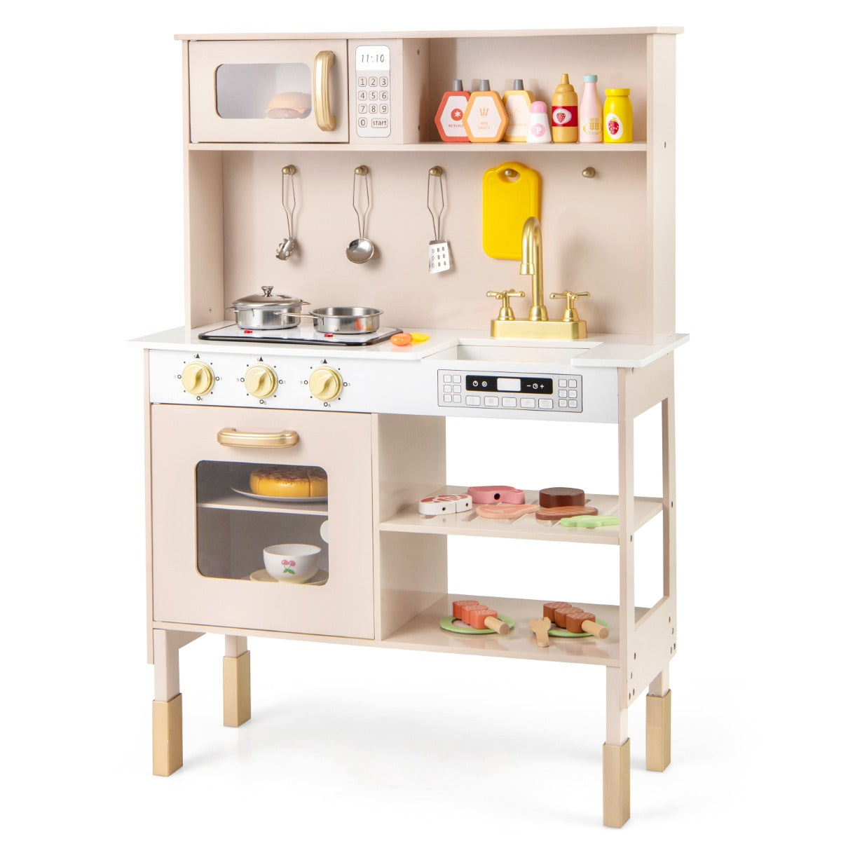 Cucina da gioco regolabile in altezza set legno con luci e suoni reali, Cucina da gioco set giocattolo per bambini 3+ anni  terroso-Cucine giocattoli