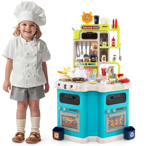 Cucina da gioco angolare con 75 accessori per bambini 3+ anni, Cucinetta in legno con suoni e luci realistici Blu-Cucine giocattoli