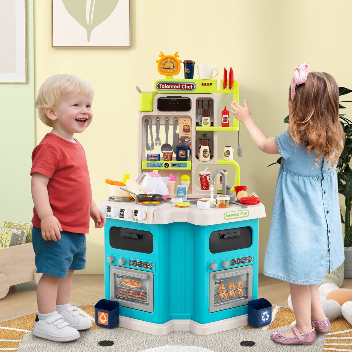 Cucina da gioco angolare con 75 accessori per bambini 3+ anni, Cucinetta in legno con suoni e luci realistici Blu-Cucine giocattoli