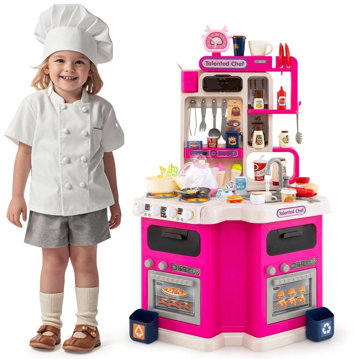 Cucina da gioco angolare con 75 accessori per bambini 3+ anni, Cucinetta in legno con suoni e luci realistici Rosa-Cucine giocattoli