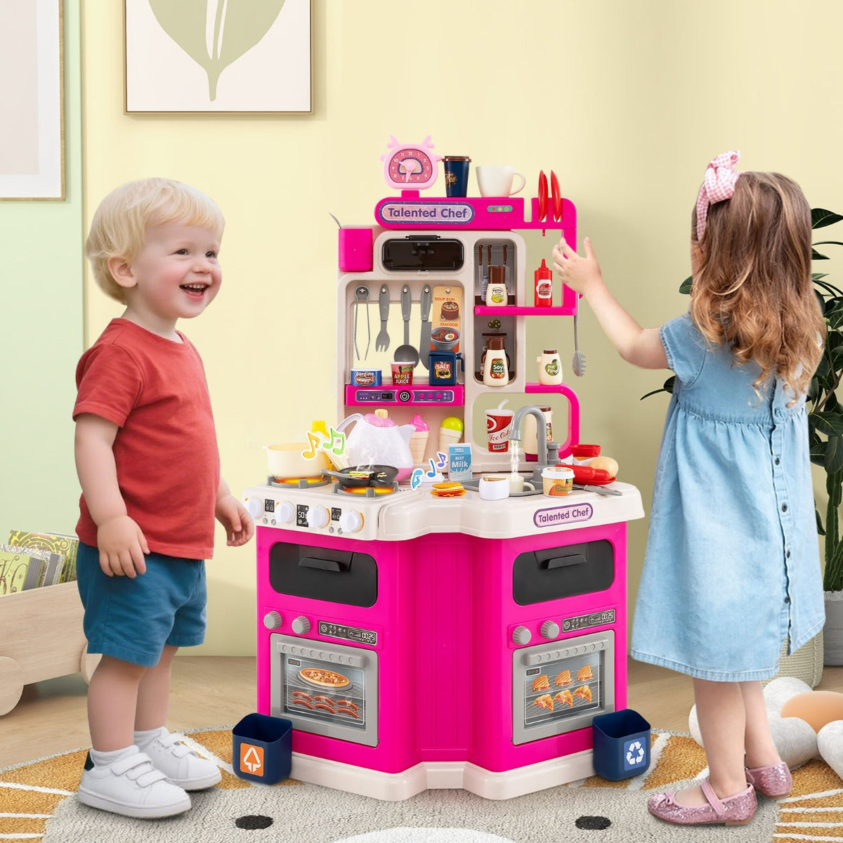 Cucina da gioco angolare con 75 accessori per bambini 3+ anni, Cucinetta in legno con suoni e luci realistici Rosa-Cucine giocattoli