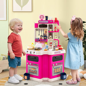 Cucina da gioco angolare con 75 accessori per bambini 3+ anni, Cucinetta in legno con suoni e luci realistici Rosa-Cucine giocattoli