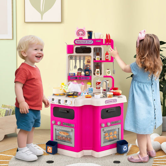 Cucina da gioco angolare con 75 accessori per bambini 3+ anni, Cucinetta in legno con suoni e luci realistici Rosa-Cucine giocattoli
