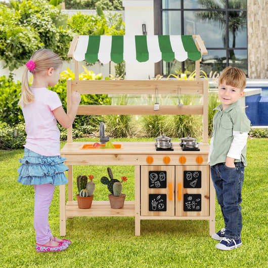 Cucina da gioco in legno di abete con telo protettivo, Set da gioco per bambini con lavello rimovibile Naturale-Cucine giocattoli