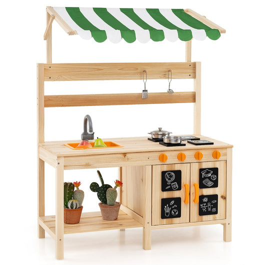 Cucina da gioco in legno di abete con telo protettivo, Set da gioco per bambini con lavello rimovibile Naturale-Cucine giocattoli