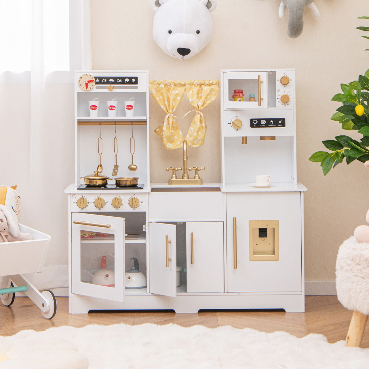 Cucina da gioco per bambini dai 3+ anni con macchina da caff¨¨ lavello rubinetto e fornelli, Set di accessori in legno Bianco-Cucine giocattoli