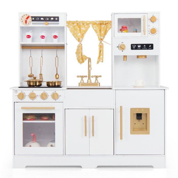Cucina da gioco per bambini dai 3+ anni con macchina da caff¨¨ lavello rubinetto e fornelli, Set di accessori in legno Bianco-Cucine giocattoli
