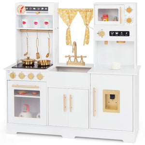 Cucina da gioco per bambini dai 3+ anni con macchina da caff¨¨ lavello rubinetto e fornelli, Set di accessori in legno Bianco-Cucine giocattoli