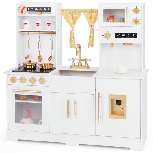 Cucina da gioco per bambini dai 3+ anni con macchina da caff¨¨ lavello rubinetto e fornelli, Set di accessori in legno Bianco-Cucine giocattoli