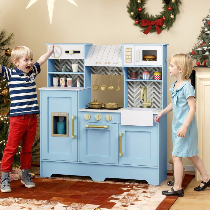 Cucina da gioco per bambini in legno con forno a microonde e distributore di ghiaccio, Cucina per bambini 3-6 Anni Blu-Cucine giocattoli