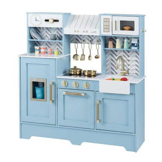 Cucina da gioco per bambini in legno con forno a microonde e distributore di ghiaccio, Cucina per bambini 3-6 Anni Blu-Cucine giocattoli