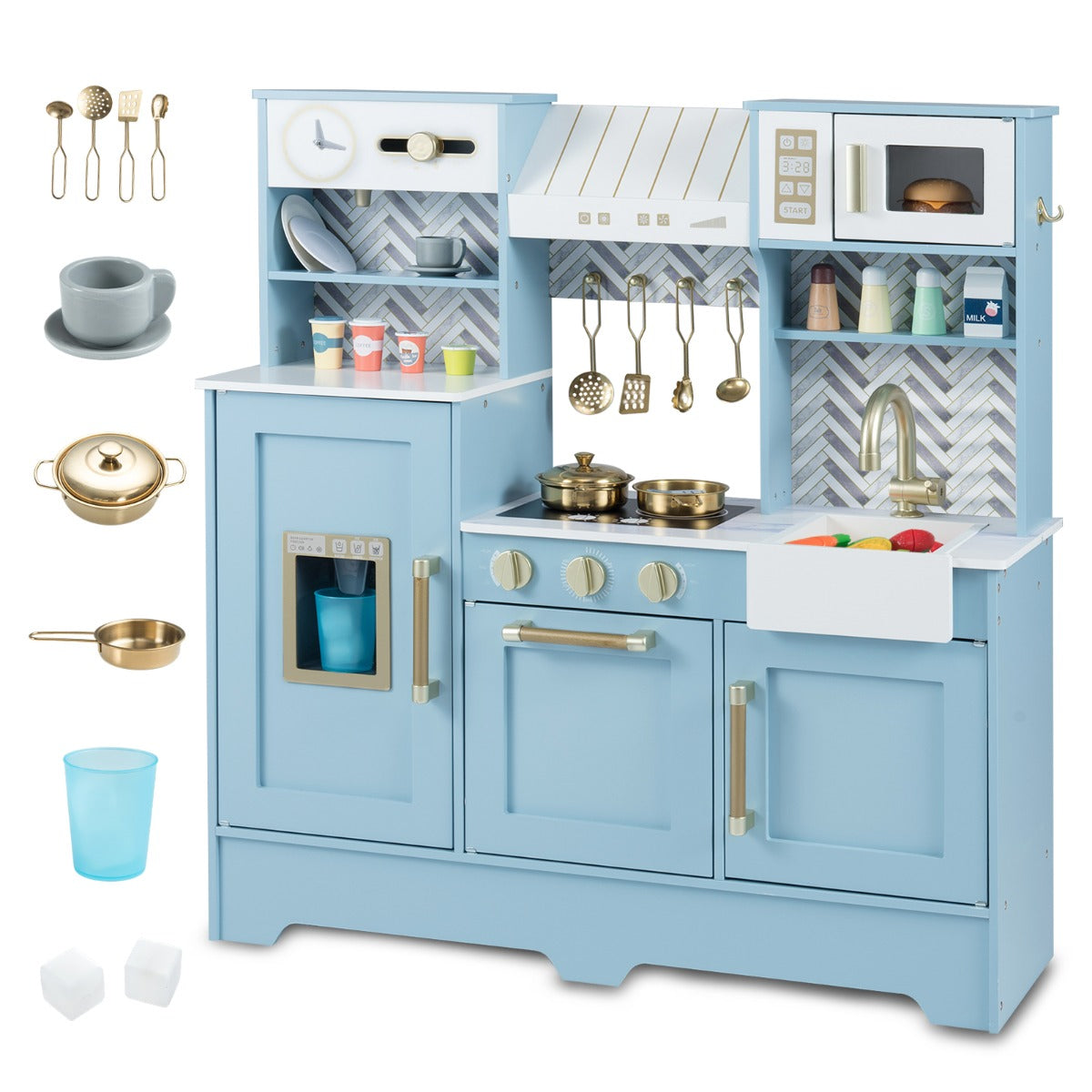 Cucina da gioco per bambini in legno con forno a microonde e distributore di ghiaccio, Cucina per bambini 3-6 Anni Blu-Cucine giocattoli