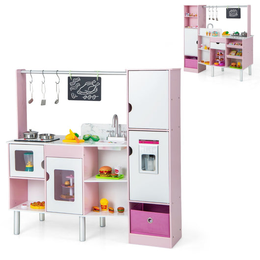 Cucina e mercato per bambini 2 in 1, Cucina a doppia faccia con luci e suoni produttore di ghiaccio interattivo Rosa-Cucine giocattoli