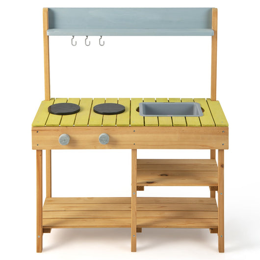 Cucina giocattolo da esterno con 3 ganci appendibili 2 fornelli per bambini-Set da cucina giocattolo lavello rimovibile e scaffali aperti Naturale