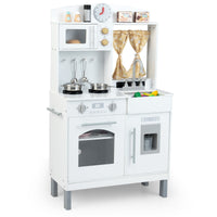 Set cucina finto in legno regolabile in altezza, Cucina giocattolo con tende per 3+ anni Bianco-Cucine giocattoli