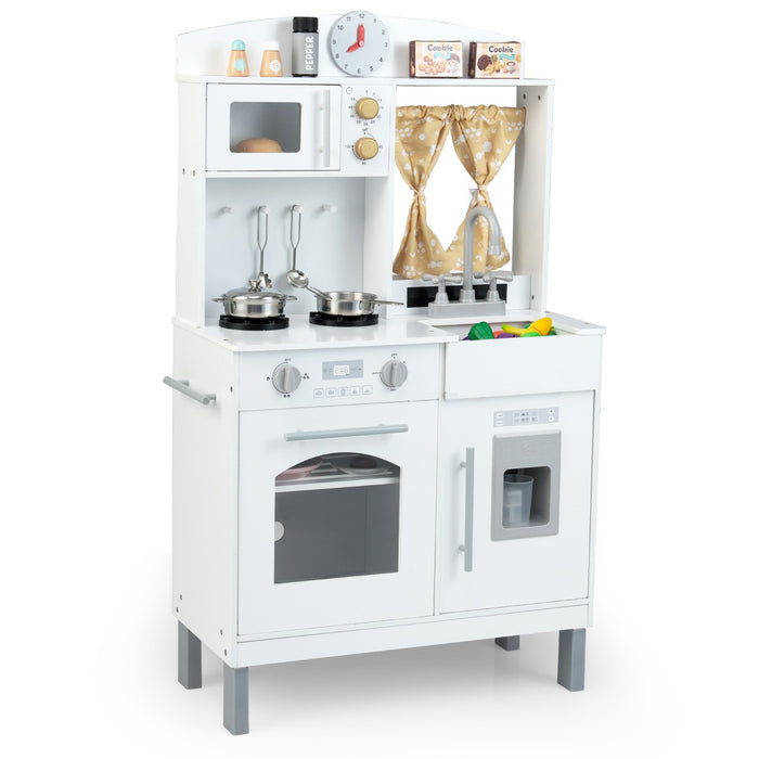 Set cucina finto in legno regolabile in altezza, Cucina giocattolo con tende per 3+ anni Bianco-Cucine giocattoli