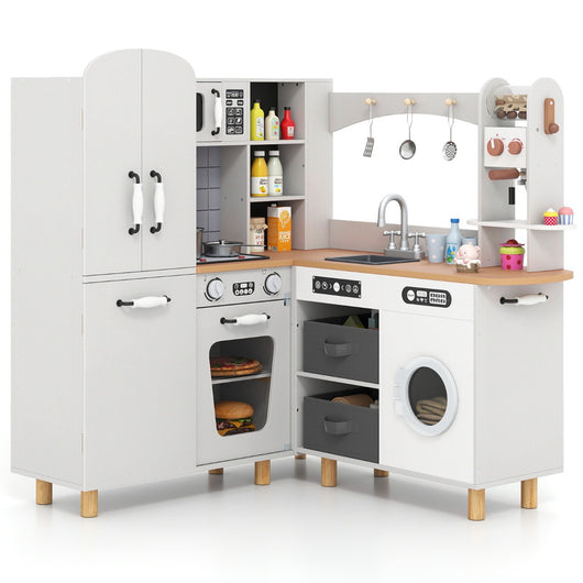 Cucina giocattolo ad angolo per bambini set cucina in legno con frigorifero a doppia porta-Cucina giocattolo con contenitori in tessuto e accessori