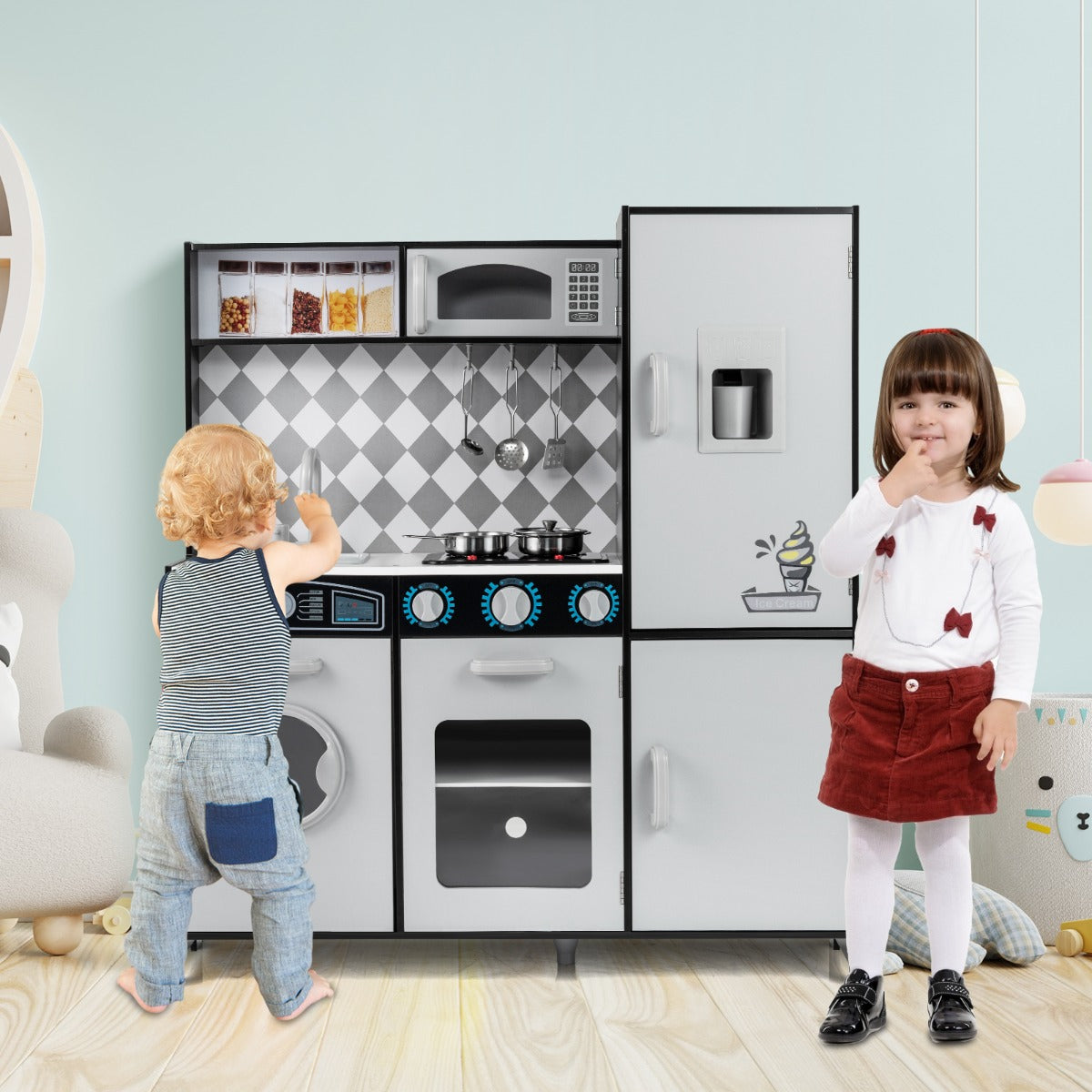 Cucina giocattolo in legno integra macchina del ghiaccio e piano cottura, Cucina giocattolo integra forno e microonde Grigio-Cucine giocattoli