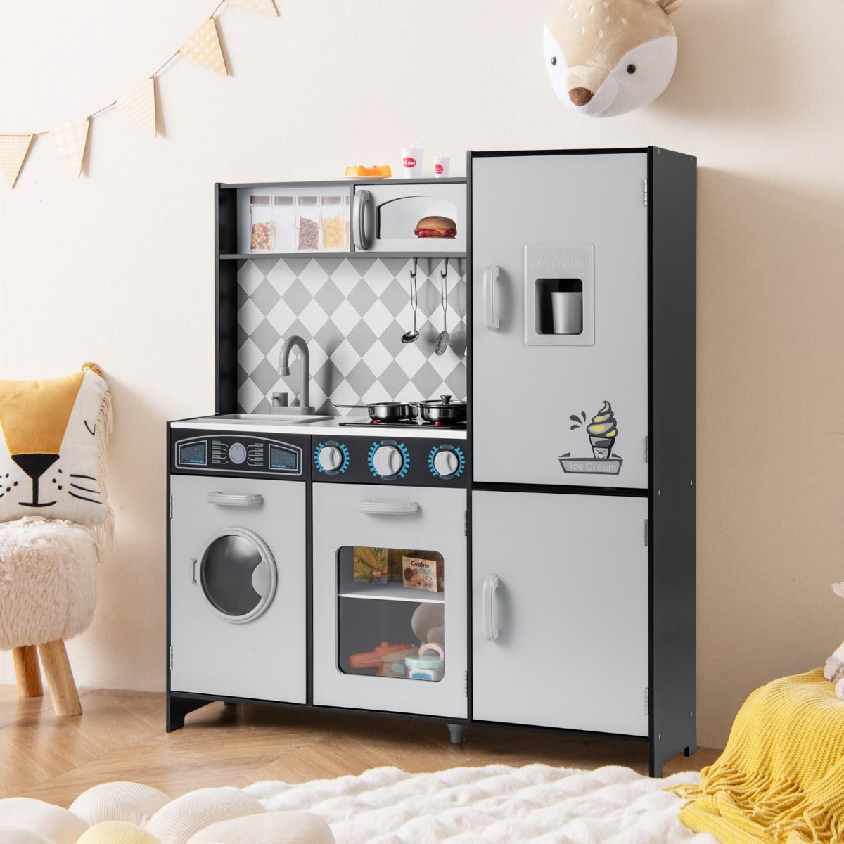 Cucina giocattolo in legno integra macchina del ghiaccio e piano cottura, Cucina giocattolo integra forno e microonde Grigio-Cucine giocattoli