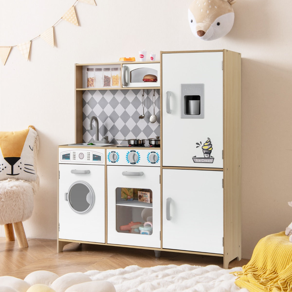 Cucina giocattolo in legno integra macchina del ghiaccio e piano cottura, Cucina giocattolo integra forno e microonde Legno naturale-Cucine giocattoli