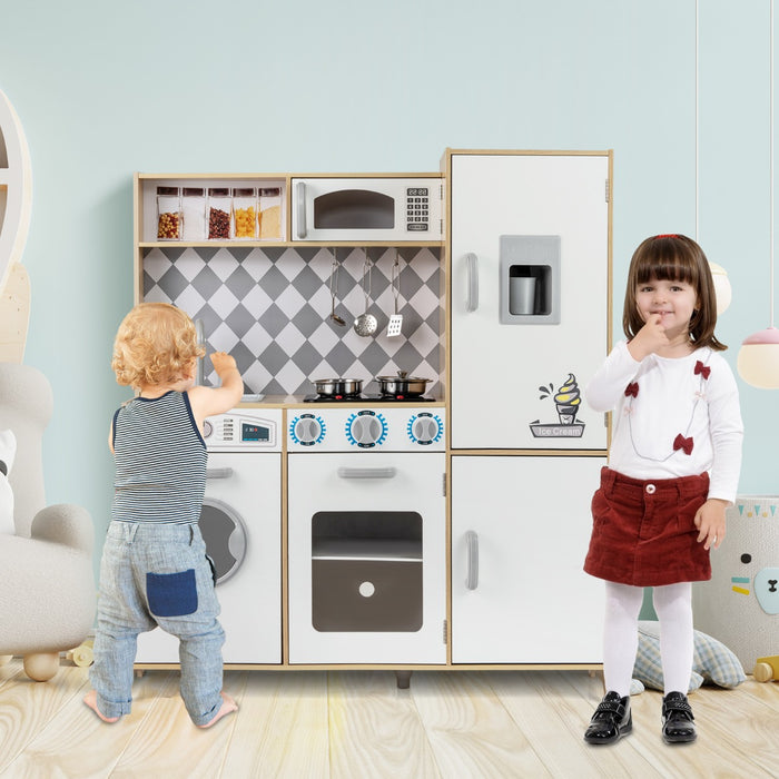 Cucina giocattolo in legno integra macchina del ghiaccio e piano cottura, Cucina giocattolo integra forno e microonde Legno naturale-Cucine giocattoli