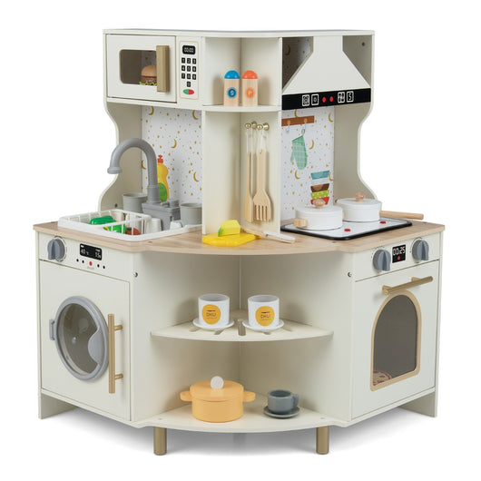 Cucina giocattolo per bambini set angolare legno con rubinetto e lavandino, Cucina giocattolo microonde e lavastoviglie Beige-Cucine giocattoli