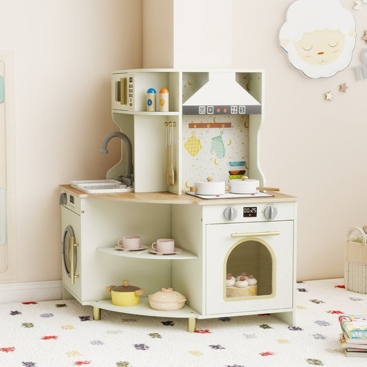 Cucina giocattolo per bambini set angolare legno con rubinetto e lavandino, Cucina giocattolo microonde e lavastoviglie Beige-Cucine giocattoli