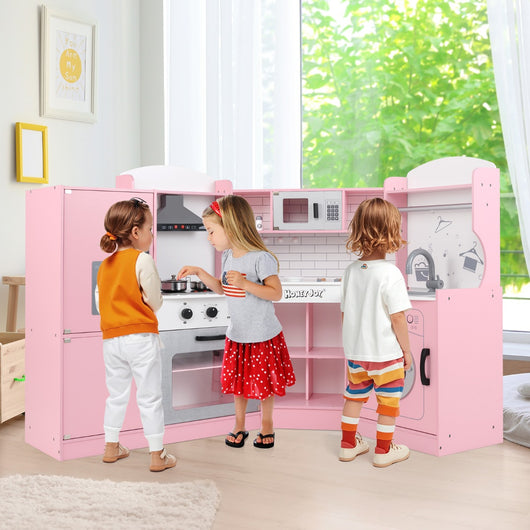 Cucina giocattolo d'angolo per bambini con macchina di ghiaccio, Cucina giocattolo con microonde e forno Rosa-Cucine giocattoli