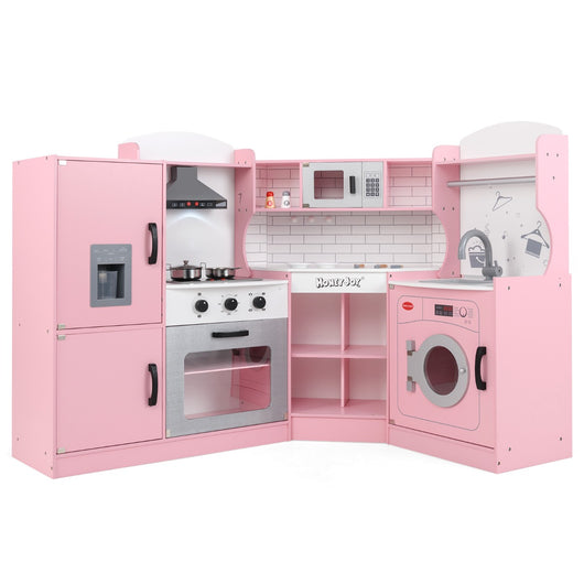 Cucina giocattolo d'angolo per bambini con macchina di ghiaccio, Cucina giocattolo con microonde e forno Rosa-Cucine giocattoli