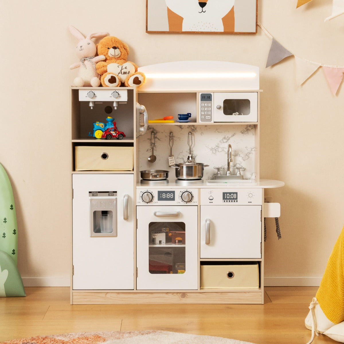 Cucina giocattolo per bambini con luci led regolabili colorate, Cucina giocattolo cesti di stoffa rimovibili e scaffali Bianco-Cucine giocattoli