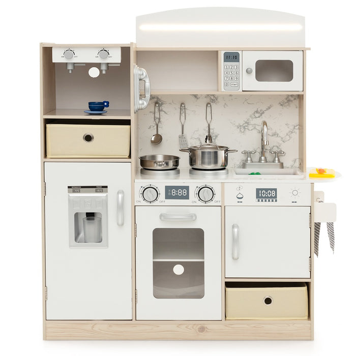 Cucina giocattolo per bambini con luci led regolabili colorate, Cucina giocattolo cesti di stoffa rimovibili e scaffali Bianco-Cucine giocattoli