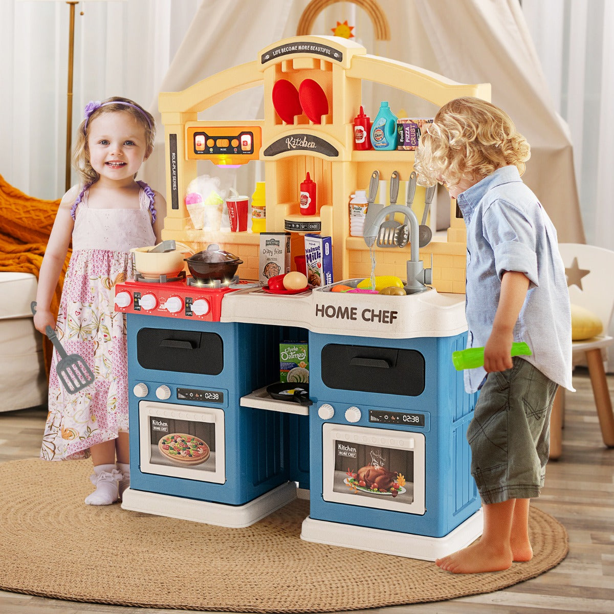 Cucina giocattolo 42 pezzi con effetti vapore e acqua in ebollizione, Cucinetta per bambini 3 anni+ Blu-Cucine giocattoli
