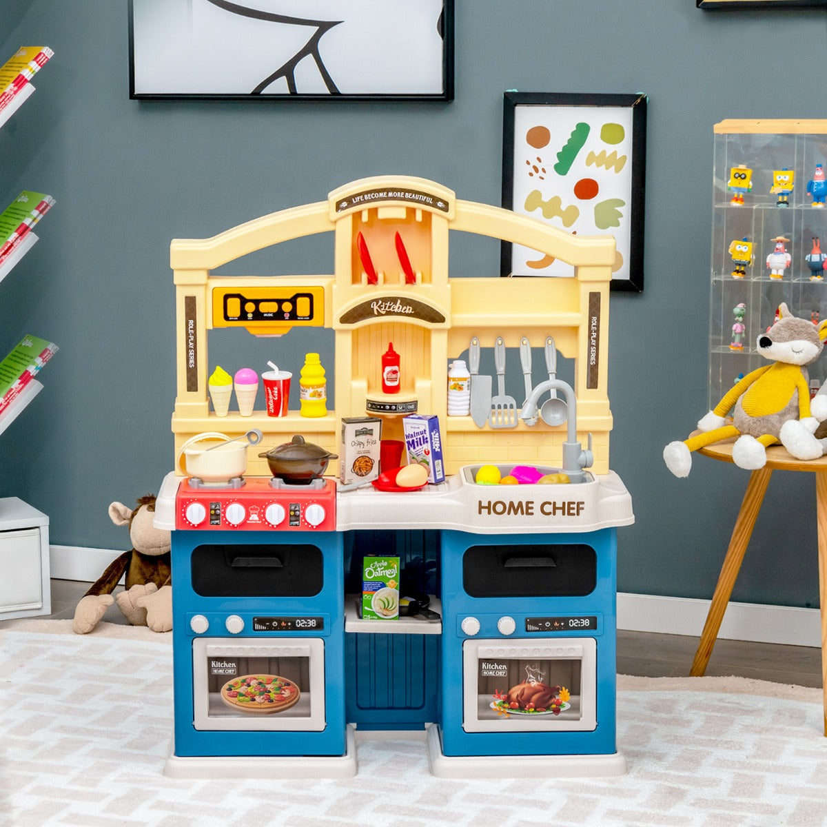 Cucina giocattolo 42 pezzi con effetti vapore e acqua in ebollizione, Cucinetta per bambini 3 anni+ Blu-Cucine giocattoli