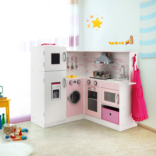 Cucina giocattolo ad angolo in legno per bambini, Mini cucina giocattolo con luci e suoni interattivi Rosa-Cucine giocattoli