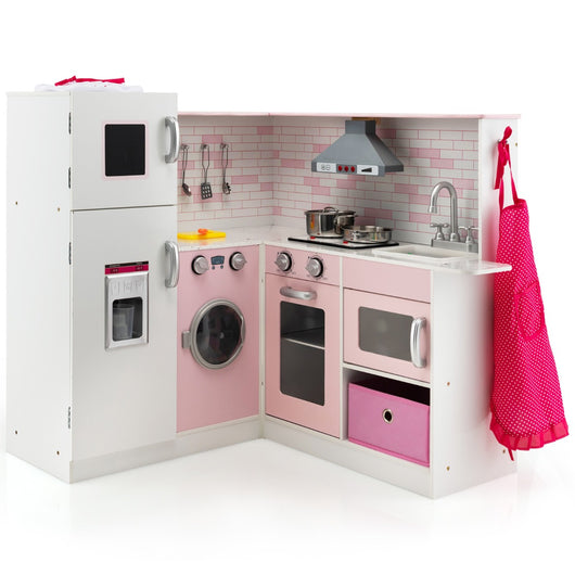 Cucina giocattolo ad angolo in legno per bambini, Mini cucina giocattolo con luci e suoni interattivi Rosa-Cucine giocattoli