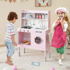Cucina giocattolo con cappa e lavatrice accessori adorabili suoni e luci reali, Set cucina in legno bambini Rosa-Cucine giocattoli