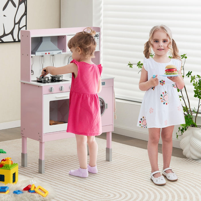 Cucina giocattolo con cappa e lavatrice accessori adorabili suoni e luci reali, Set cucina in legno bambini Rosa-Cucine giocattoli