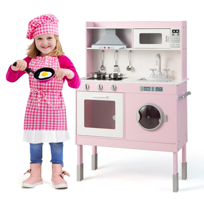Cucina giocattolo con cappa e lavatrice accessori adorabili suoni e luci reali, Set cucina in legno bambini Rosa-Cucine giocattoli