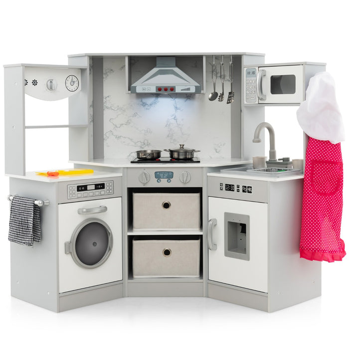 Cucina giocattolo per bambini in legno con luci e suoni realistici, Angolo cucina con cappa aspirante illuminata Grigio-Cucine giocattoli