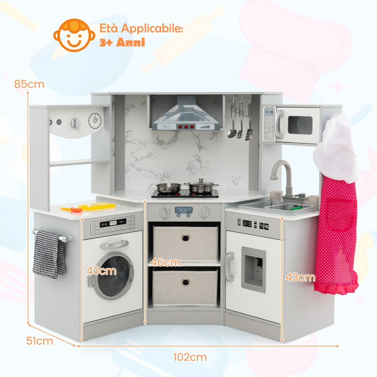 Cucina giocattolo per bambini in legno con luci e suoni realistici, Angolo cucina con cappa aspirante illuminata Grigio-Cucine giocattoli